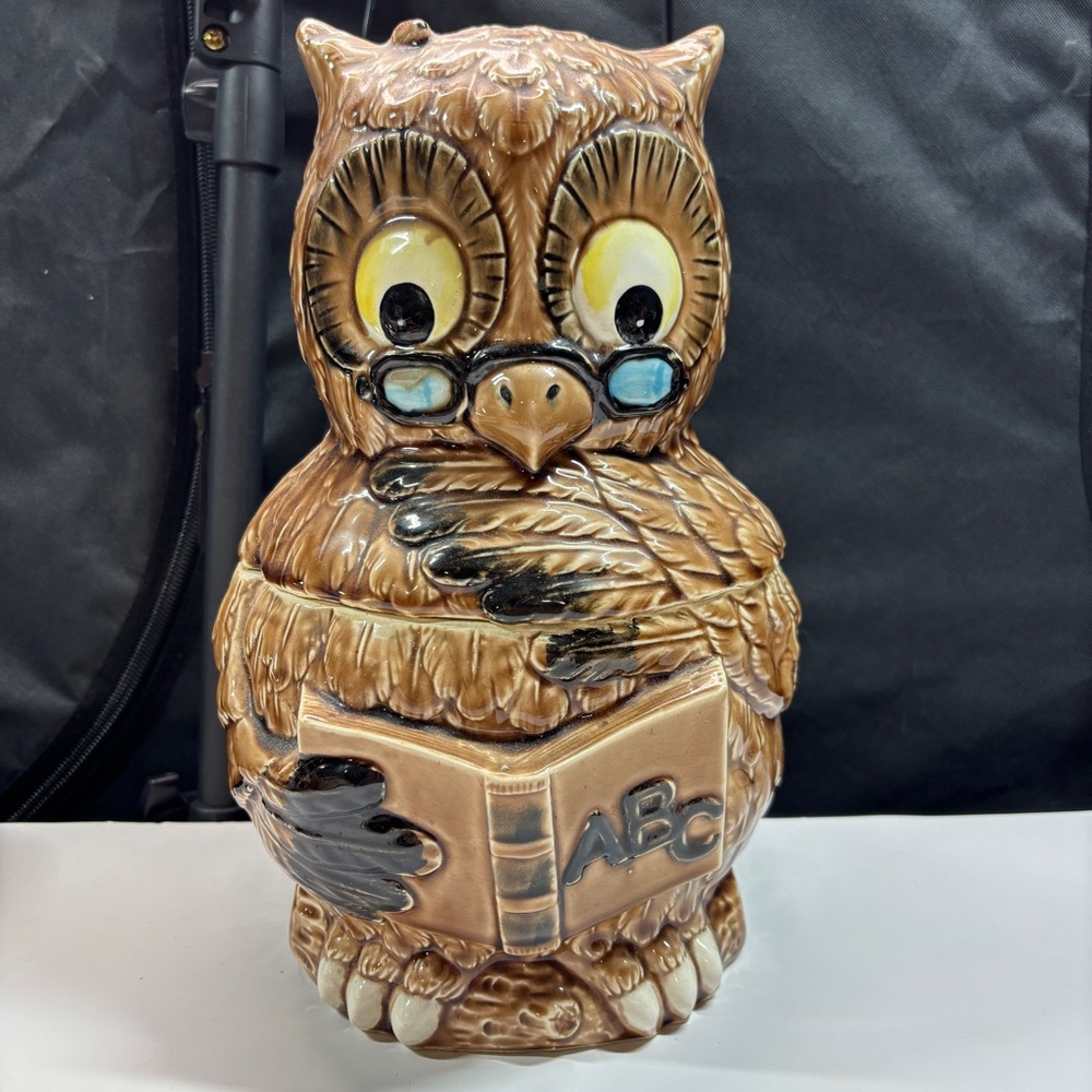 VTG Wise Scholarly Owl Cookie Jar Canister 12” Japan 1970’s Big Eyes Kitschy